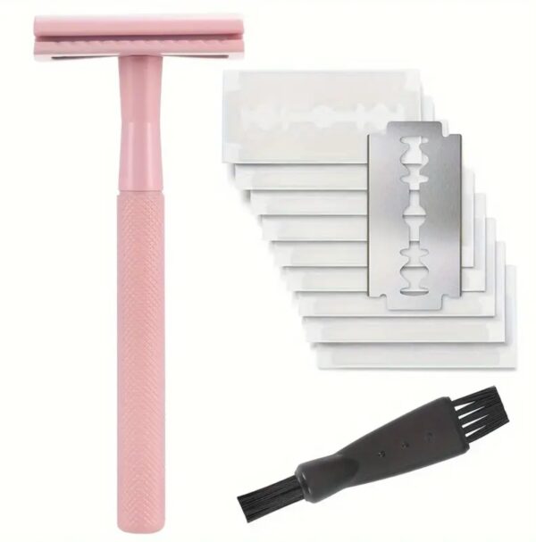 Safety Razor with Brass Weighted Handle and 10 Double Edge Safety pink color